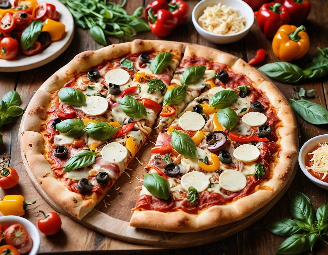 A mouthwatering, artisanal pizza topped with vibrant ingredients like fresh basil, gooey cheese, and colorful peppers, set on a rustic wooden table. In the background, playful cartoon foxes are joyfully sharing slices of pizza, surrounded by a warm, inviting kitchen atmosphere. The scene is filled with rich colors and a sense of happiness and comfort, inviting viewers to indulge in pizza perfection. super-realistic. vibrant colors. cozy setting.