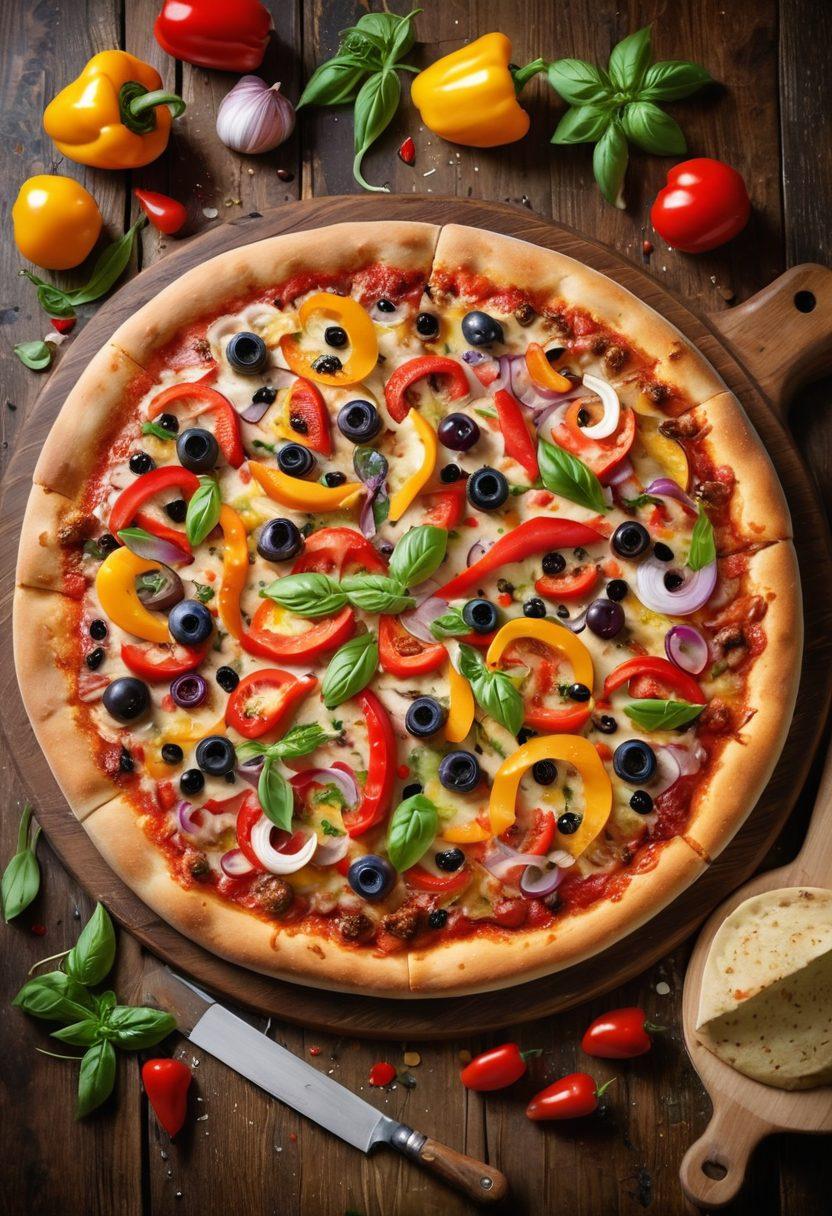 A mouthwatering gourmet pizza with a golden, flaky crust topped with an array of colorful, fresh toppings like basil, vibrant bell peppers, and glistening olives, set against a rustic wooden table. Include a rolling pin and scattered flour to evoke the preparation process. Soft, warm lighting adds a cozy atmosphere that entices the viewer. super-realistic. vibrant colors.